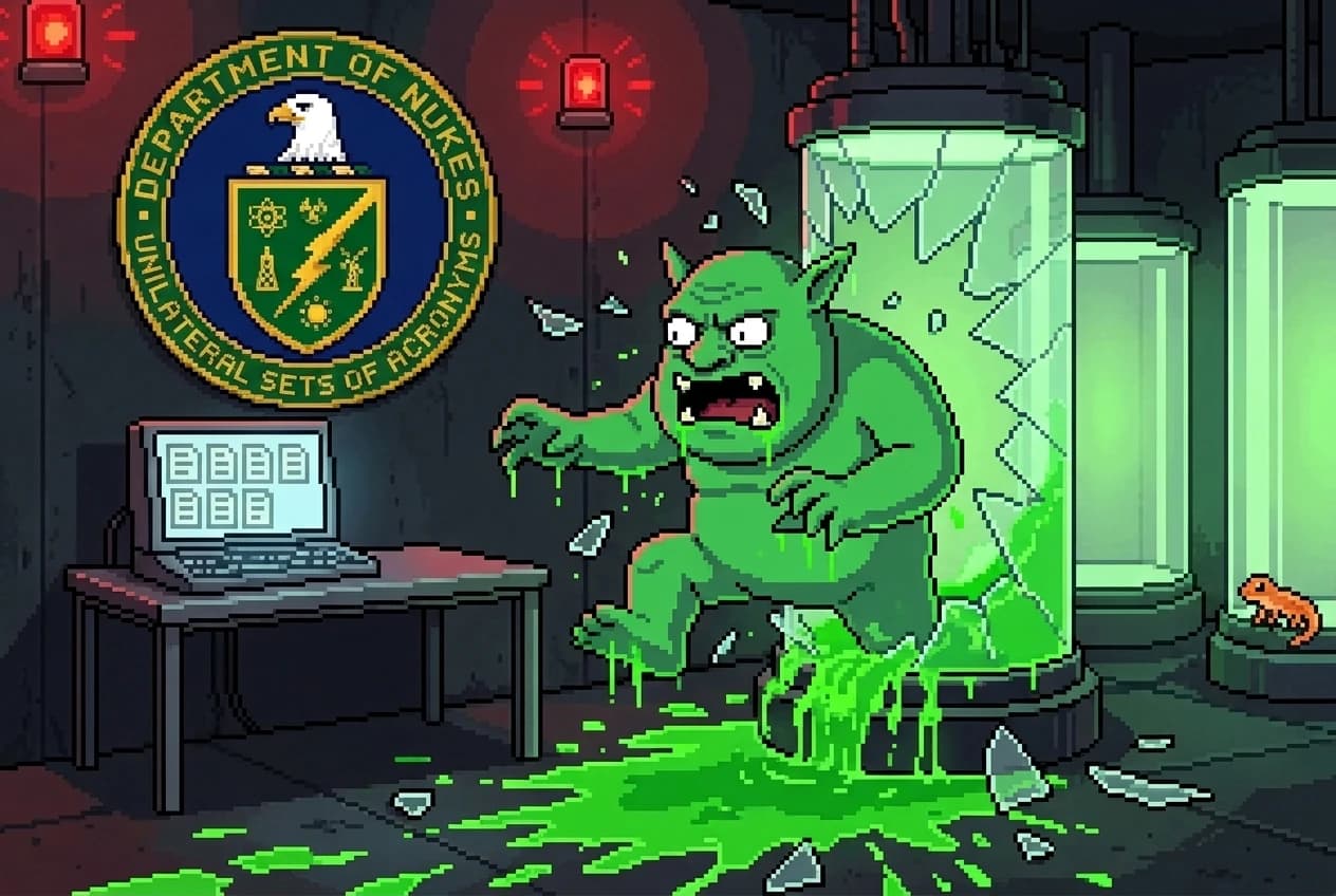 A green ogre bursts out of a shattered glass vat of glowing green liquid in a secret lab, reaching toward a laptop of document files; the wall seal reads Department of Nukes, Unilateral Sets of Acronyms, and a tiny orange newt sits inside the neighboring vat.