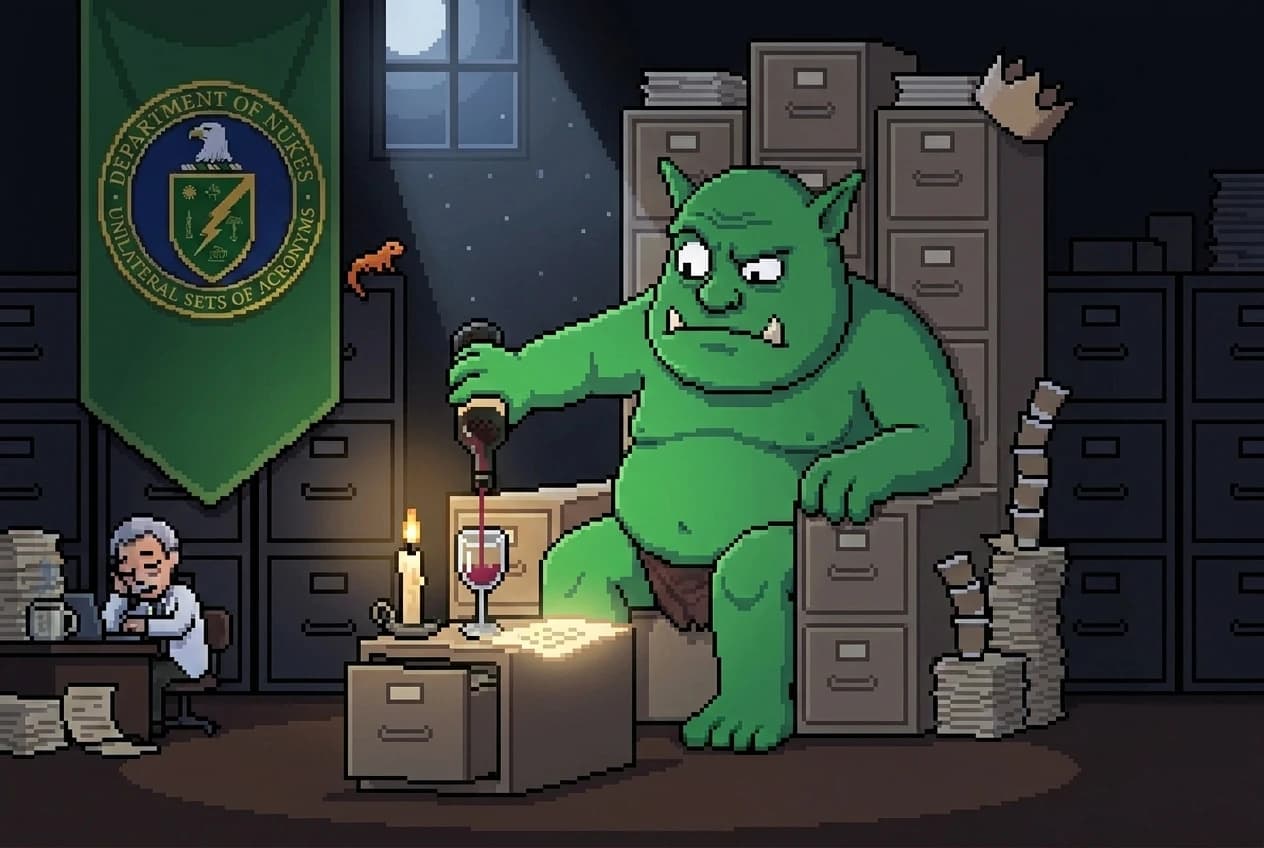 Alone at midnight in the dark throne room, crown set aside, the ogre skeptically pours a thin wine-red stream into a glass by candlelight while a faded page glows readable; the sleeping scientist is still face-down at his desk, and a newt watches from the banner.